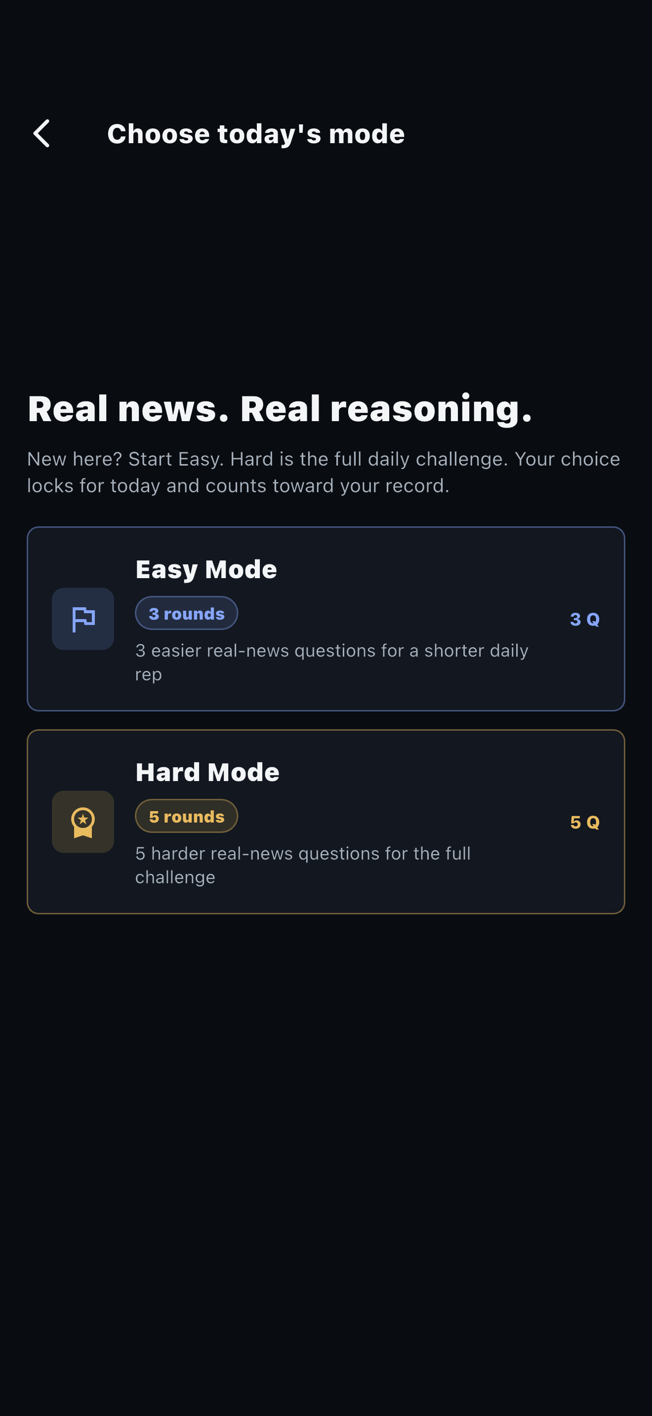 Anti-Fakes Easy and Hard daily mode selection screen